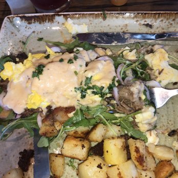 First Watch - Braised ribs with arugula, pickled onions, scrambled eggs, potatoes and Parmesan sauce.   Mmmmm! - Breakfast & Brunch Near Me - Midlothian, Virginia