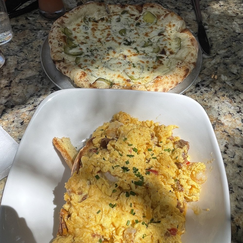 Third Wave Cafe - Rock Shrimp Scramble; Pickle Pizza with Dill & Herb Béchamel. - Creperies Near Me - New Smyrna Beach, Florida Third Wave Cafe - Rock Shrimp Scramble; Pickle Pizza with Dill & Herb Béchamel. - Creperies Near Me - New Smyrna Beach, Florida