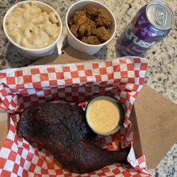 The Mac - 1/4 smoked chicken combo with mac & drink. Added a side of popcorn chicken.