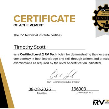RV Tech Pro - Certification RV professional license - RV Repair Near Me