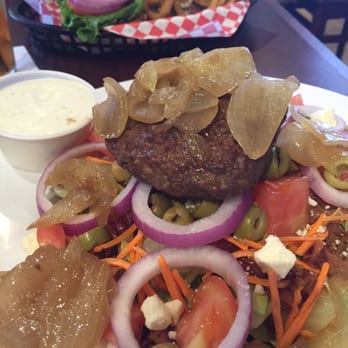 Basement Burger Bar - My bison salad and hubby's Kobe beef burger with crunchy onions - Salad Near Me - Canton, Michigan