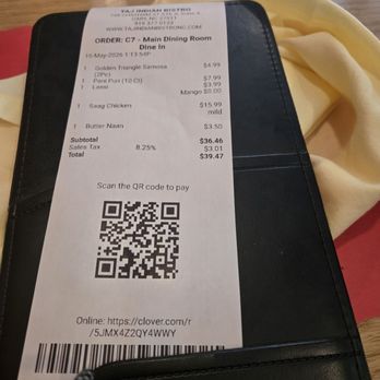 Taj Indian Bistro - The bill - Indian Near Me - Cary, North Carolina
