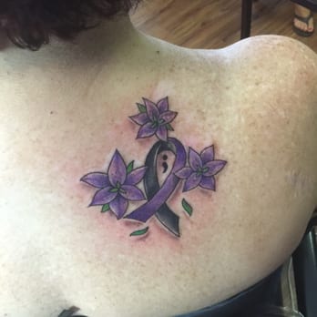 The Madd Tatterz - The purple flowers and ribbon = domestic violence awareness and the black ribbon my fight against melanoma. - Tattoo Near Me - Riverside, California The Madd Tatterz - The purple flowers and ribbon = domestic violence awareness and the black ribbon my fight against melanoma. - Tattoo Near Me - Riverside, California