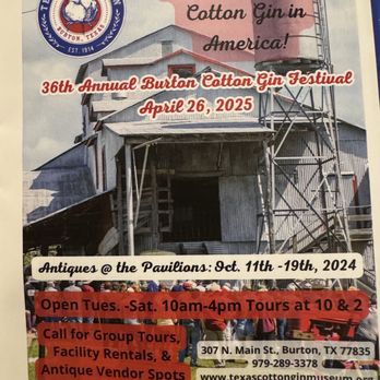 Texas Cotton Gin Museum - 2025 Annual Cotton Gin Festival 4.26.2025 Magazines article - Museums Near Me - Burton, Texas Texas Cotton Gin Museum - 2025 Annual Cotton Gin Festival 4.26.2025 Magazines article - Museums Near Me - Burton, Texas