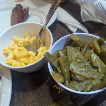 Spring Creek Barbeque - Green beans, Mac and cheese and sliced sausage - Barbeque Near Me - Dallas, Texas