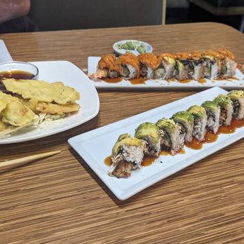 Sushi Yama - Our collection of food. Vegetable tempura, caterpillar roll and some salmon roll. - Sushi Bars Near Me - Escondido, California Sushi Yama - Our collection of food. Vegetable tempura, caterpillar roll and some salmon roll. - Sushi Bars Near Me - Escondido, California