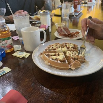 OUI Pancake N Eggs - My hubby's waffles with a side of bacon - American Near Me - Temecula, California