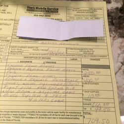 Tim's Mobile Service - Bill for brake job. Had to get car towed that same night after repair. This guy is a joke