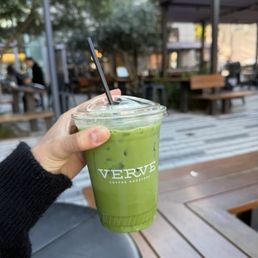 Iced matcha latte with soy milk Iced matcha latte with soy milk