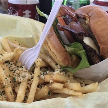 Pocket Burger Shack - Da Kine burger and Garlic Parmesan Fries - Burgers Near Me - Sunset Beach, California