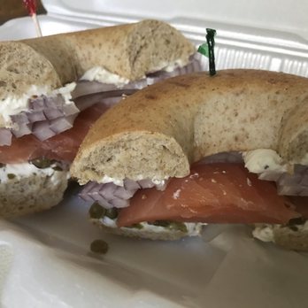 East Coast Bagel - Lox & Bagel with garlic herb spread and extra onions and no tomatoes - Bagels Near Me - Riverside, California East Coast Bagel - Lox & Bagel with garlic herb spread and extra onions and no tomatoes - Bagels Near Me - Riverside, California