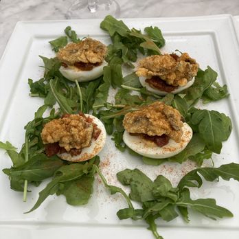 Margeaux Supper Parlor - Deviled eggs with fried oyster and bacon - French Near Me - Cambridge, Massachusetts