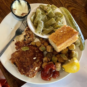 Iron Fork Café - Salmon Patties with cornbread, green beans and okra! Tartar sauce on the side. - American Near Me - Eatonton, Georgia