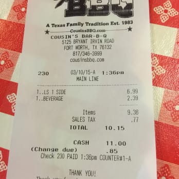Cousin's BBQ - Receipt for over priced lunch. - Barbeque Near Me - Fort Worth, Texas Cousin's BBQ - Receipt for over priced lunch. - Barbeque Near Me - Fort Worth, Texas