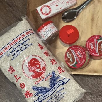 Thai & Laos Market - Sticky rice, Limestone paste, my favorite brand Panang Curry paste, stainless steel Thai style cheap spoons. - Thai Near Me - Anaheim, California