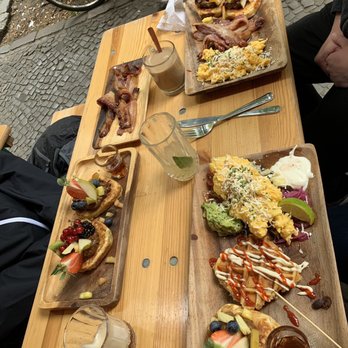 Geist im Glas - Left: pancakes and bacon Upper: scrambled eggs, pancakes, bacon Right: mixed plate - Bars Near Me - Berlin, BE