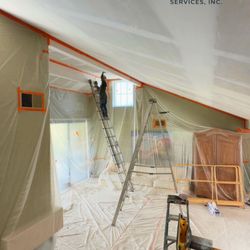 PSP Painting & Property Services - Detailed prep work is the key to a clean finish full protection, popcorn removal, and drywall repairs in progress.
