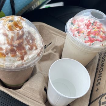 Shake Shack - Salted Caramel Milkshake (left) and Strawberry Donut (right) - Fast Food Near Me - Rochester, New York Shake Shack - Salted Caramel Milkshake (left) and Strawberry Donut (right) - Fast Food Near Me - Rochester, New York