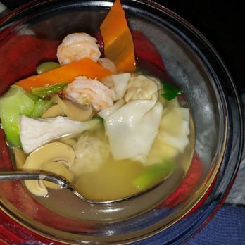 Y & J Gourmet - Wor wonton soup - half of soup (enormous spoon makes the portion look smaller than it is). - Chinese Near Me - Pasadena, California