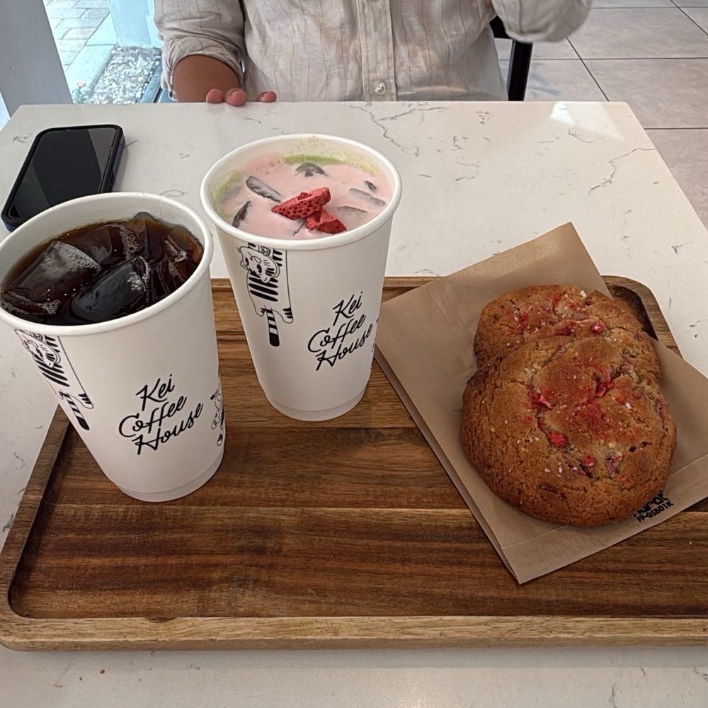 Kei Coffee House - Americano, Strawberries & Cream Matcha Latte, and Strawberries and Cream Cookie - Coffee & Tea Near Me - Westminster, California