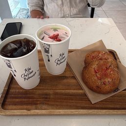 Americano, Strawberries & Cream Matcha Latte, and Strawberries and Cream Cookie