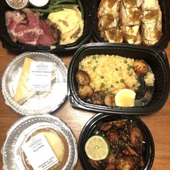 MoCo's Founding Farmers - (Clockwise from upper right:) Brie Farmbread,  Scallops, Garlic Wings, Key Lime Pie, Cheesecake, Prime Rib - New American Near Me - Potomac, Maryland