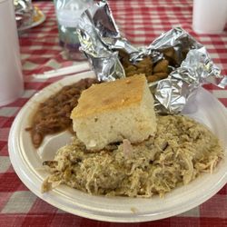 Chicken dressing, pinto beans and fried okra with corn bread.