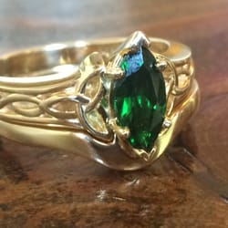 California Gold-Custom Gold Jewelry - Custom engagement ring w marquise cut tsavorite garnet, Terry created the side design and got it laser cut, below is the shadow wedding band