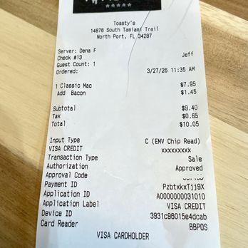 Toasty's - Sales receipt - American Near Me - North Port, Florida Toasty's - Sales receipt - American Near Me - North Port, Florida