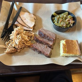 Mission BBQ - The pick three sampler, with pulled chicken, lean brisket, turkey, and a side of green beans - Barbeque Near Me - Sterling Heights, Michigan Mission BBQ - The pick three sampler, with pulled chicken, lean brisket, turkey, and a side of green beans - Barbeque Near Me - Sterling Heights, Michigan