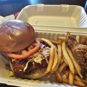 Kenji Burger - Chicken Katsu burger with fries and one lonely Tokyo wing. - Burgers Near Me - Kapaa, Hawaii Kenji Burger - Chicken Katsu burger with fries and one lonely Tokyo wing. - Burgers Near Me - Kapaa, Hawaii