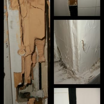 Beal Properties - this photo features a broken door frame, broken bathroom tiles, and paint peeling off a bathroom window - Property Management Near Me - Chicago, Illinois Beal Properties - this photo features a broken door frame, broken bathroom tiles, and paint peeling off a bathroom window - Property Management Near Me - Chicago, Illinois