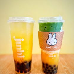 Junbi Matcha & Tea - Irvine - Cold Mango Refresher and Miffys Matcha Orange Creamsicle Latte