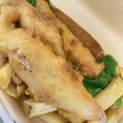 Benny's Fish And Chips - Special: 3 pieces of fish strips, small sausage, chips with peas for £5.50.