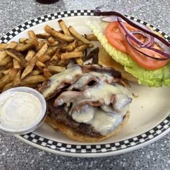 Vickery Cafe - Bacon Mushroom and Swiss Burger - American Near Me - Fort Worth, Texas Vickery Cafe - Bacon Mushroom and Swiss Burger - American Near Me - Fort Worth, Texas