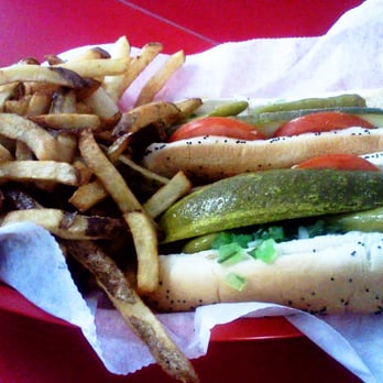 Slim's - Two hot dogs fully loaded and fries, $4.95. - Sandwiches Near Me - Chicago, Illinois