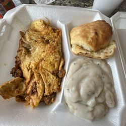 Spanish omelette with a biscuit and gravy