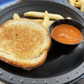 Minion Cafe - Grilled cheese, tomato soup side and half eaten fries - Cafes Near Me - Universal City, California