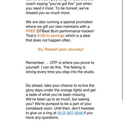 Orangetheory Fitness - Email to me from the local Orangetheory stating a free OTBeat but no date restrictions.