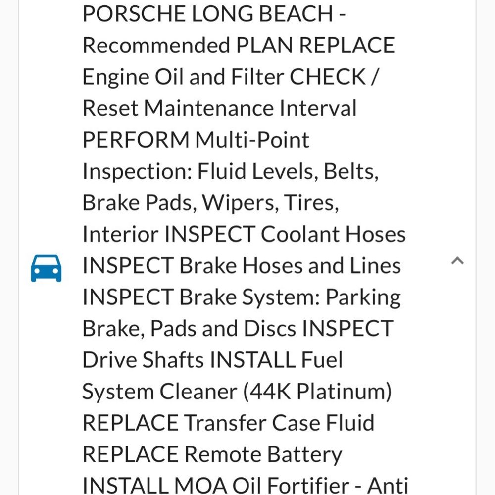 Many unnecessary and potentially damaging items added and sold to me as the standard maintenance interval service. Many unnecessary and potentially damaging items added and sold to me as the standard maintenance interval service.