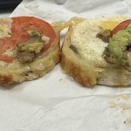 Breakfast sandwich, missing sausage and bacon. Breakfast sandwich, missing sausage and bacon.