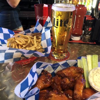 DJ's Famous Wings - Sweet heat medium w curly fry & tall frosty beer - American Near Me - Falmouth, Massachusetts