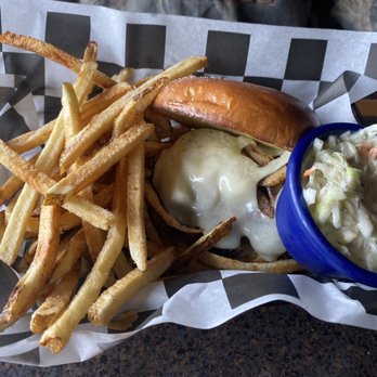 Longshot at Miller Dam - Mushroom and Swiss burger with french fries and coleslaw - Burgers Near Me - Gilman, Wisconsin Longshot at Miller Dam - Mushroom and Swiss burger with french fries and coleslaw - Burgers Near Me - Gilman, Wisconsin