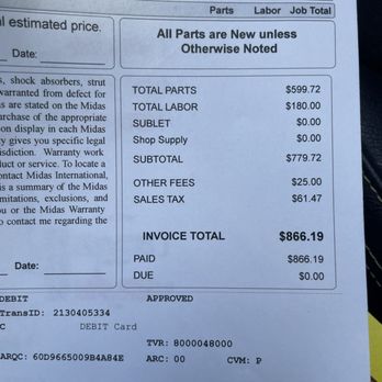 Midas - Total bill - Auto Repair Near Me - Daly City, California