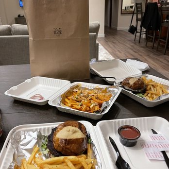The Kettle Black Kitchen & Pub - Black Bean Burger with fries and Buffalo Chicken fries. - Gastropubs Near Me - Phoenix, Arizona