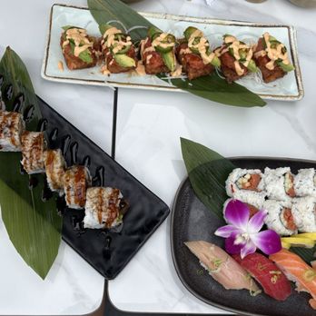 Sushi Taisho - Beach Bum on top, Salmon House Roll on the left and Taisho Combo 1 on the right. - Sushi Bars Near Me - Carlsbad, California Sushi Taisho - Beach Bum on top, Salmon House Roll on the left and Taisho Combo 1 on the right. - Sushi Bars Near Me - Carlsbad, California