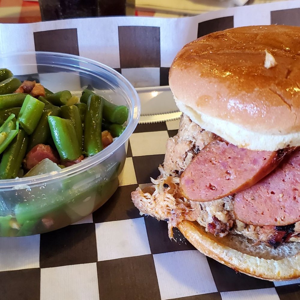 Tyler's Barbeque - Two meat sandwich with green beans - Barbeque Near Me - Amarillo, Texas