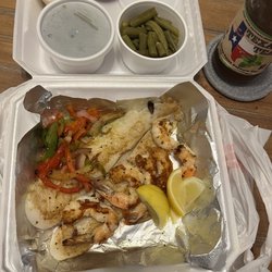 Nederland Seafood House - Grilled fish + 5 jumbo shrimp with 2 sides of green beans, tartar and cocktail sauce, and Texas unsweet tea.