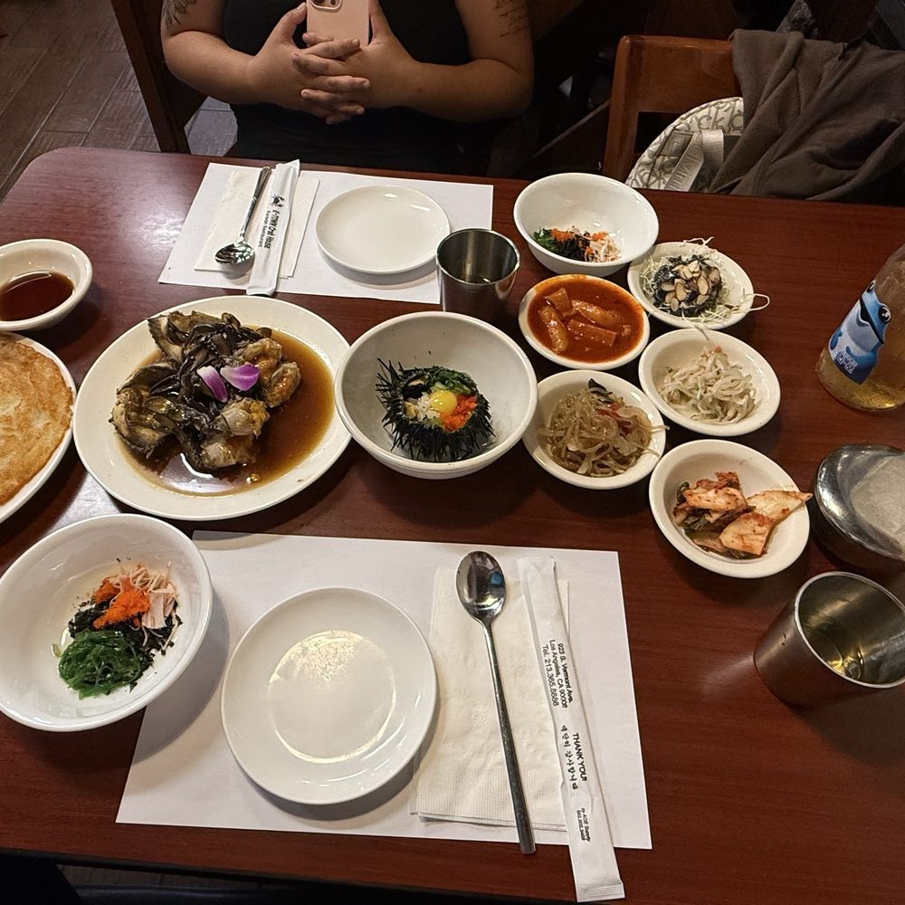 Crab House - raw marinated crab and uni rice combo and a potato pancake - Korean Near Me - Los Angeles, California