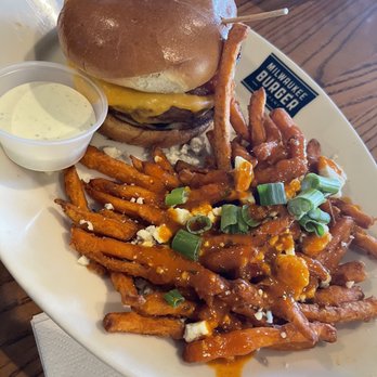Milwaukee Burger Company - Jalapeno and Smoked Cheddar Infused Burger(with beyond burger) and Black & Bleu Sweet potato fries - Burgers Near Me - La Crosse, Wisconsin Milwaukee Burger Company - Jalapeno and Smoked Cheddar Infused Burger(with beyond burger) and Black & Bleu Sweet potato fries - Burgers Near Me - La Crosse, Wisconsin